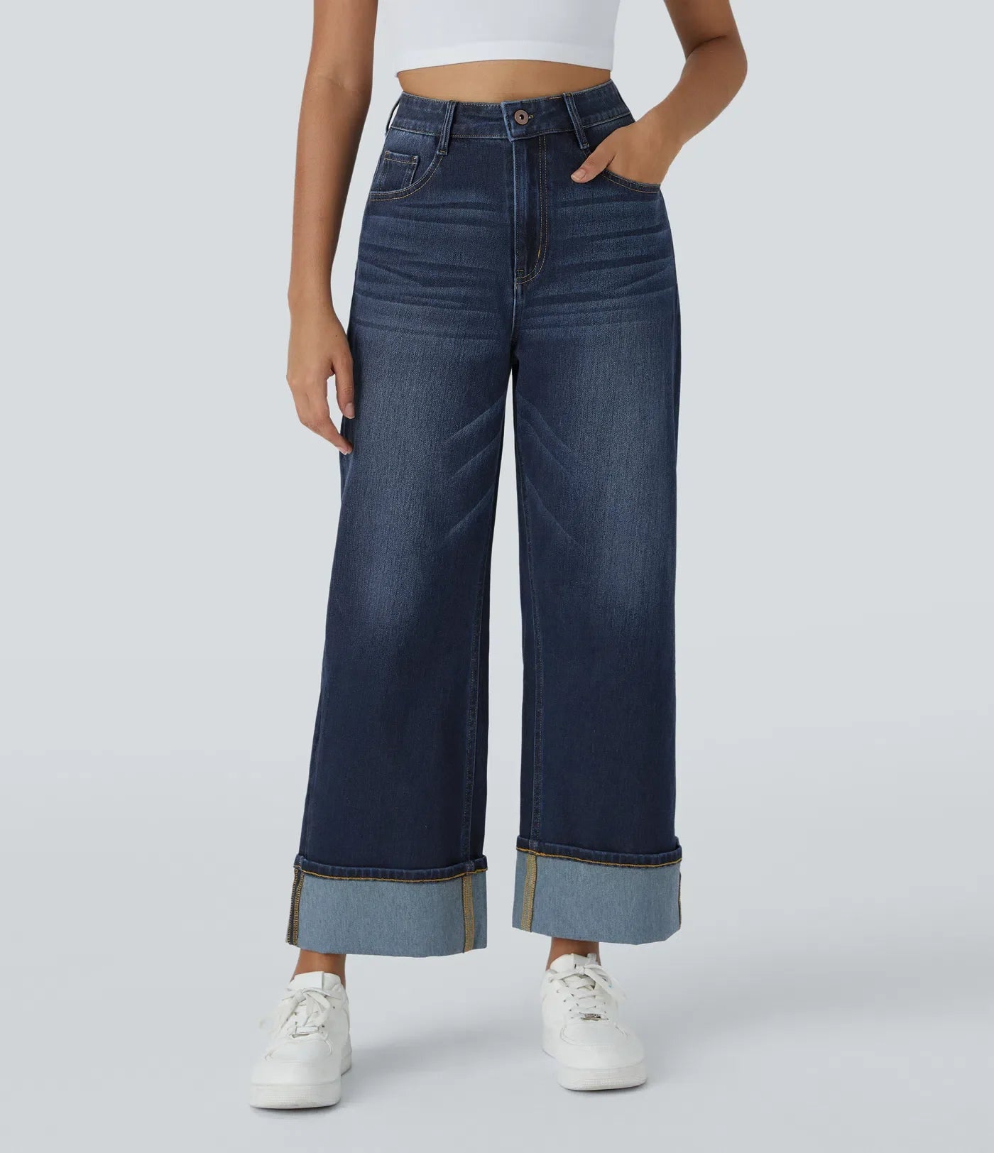 Da Vie™ | Wijde Jeans Met Hoge Taille En Gerolde Zoom
